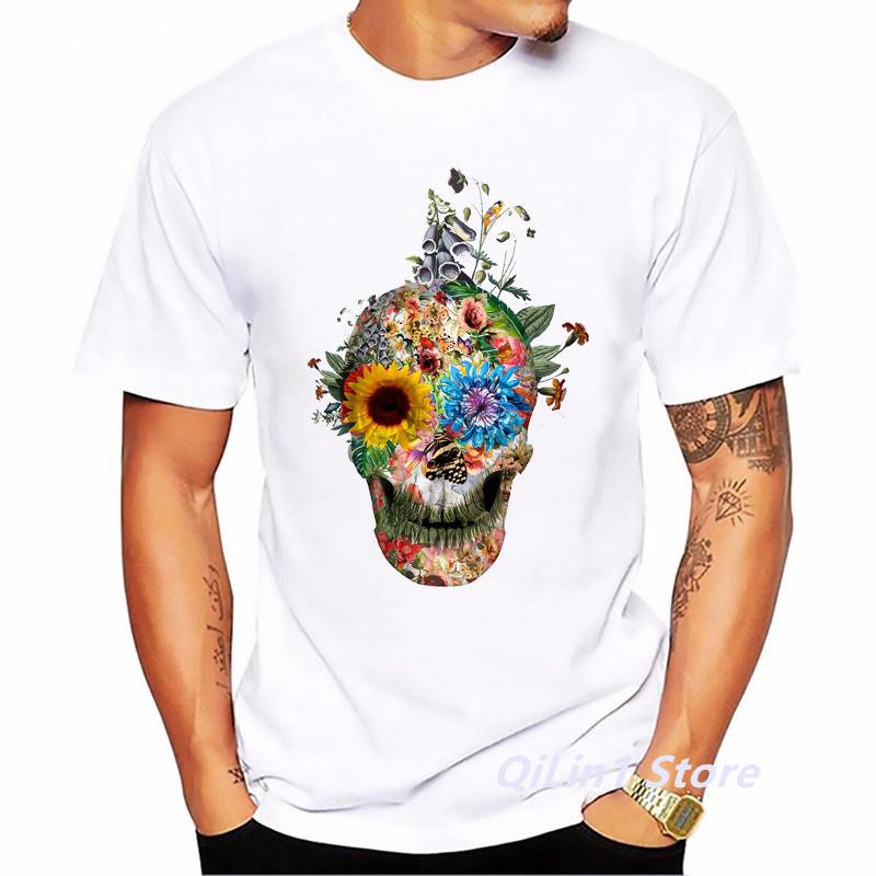 Men 2024 Summer Fashion Skull Flower Plant Print Short Sleeve Tshirt Male TShirt Homme Hip Hop T Shirt Geek Top Cool Streetwear
