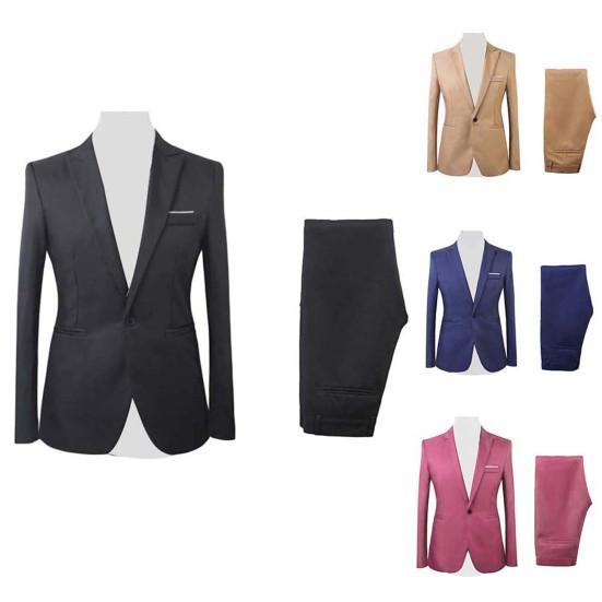 2 Stuks/Set Heren Formeel Zakelijk Feest Effen Kleur Lange Mouw Blazer Pak Broek