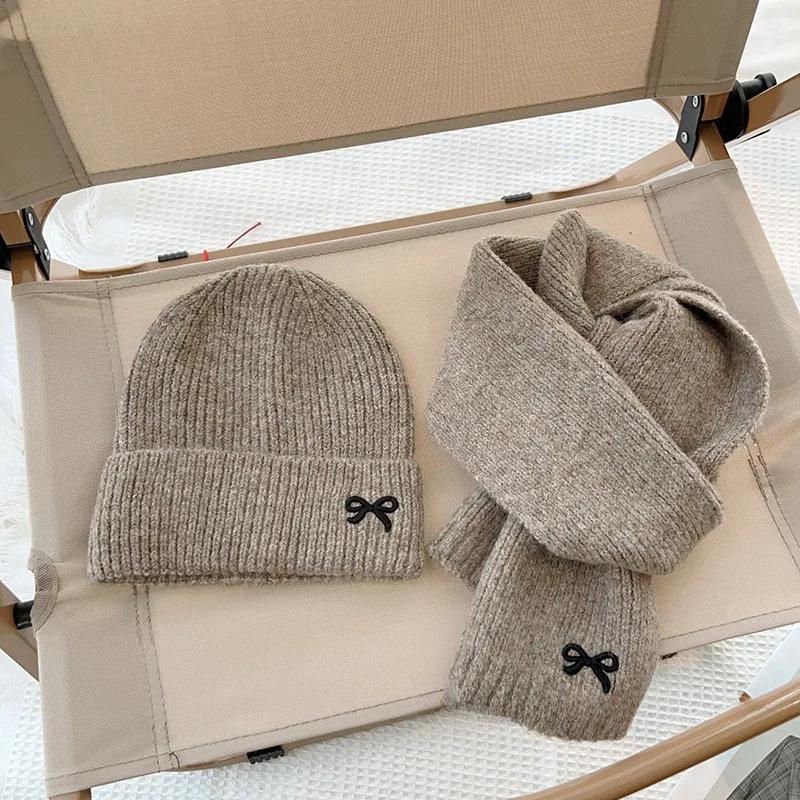

2PC Cute Bow Embroidery Children s Knitted Hat Scarf 2-piece Set Solid Color Girl Baby Versatile Set one size хакі
