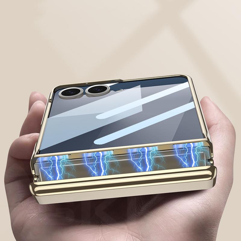 Magnetic Hinge Ring Holder Case for Samsung Galaxy Z Flip 7 Luxury Plating Edge Screen Glass Hard Cover for Galaxy Z Flip7 Case