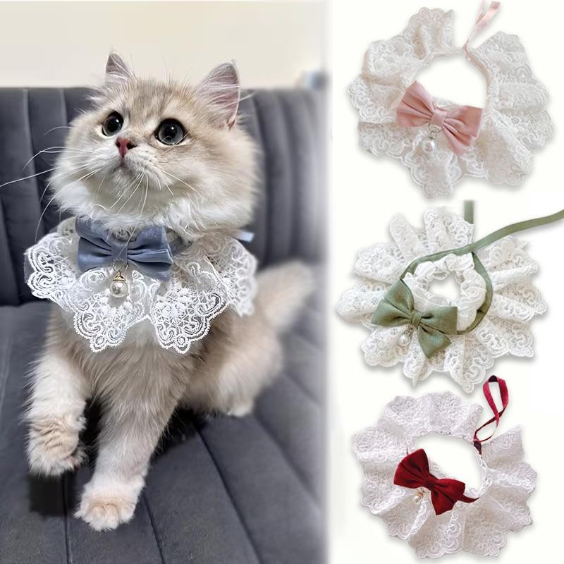 Cat Neck Warmer & Bib Collar with Lace Edge and Bow Tie - Cute Drool Bib for Cats and Dogs