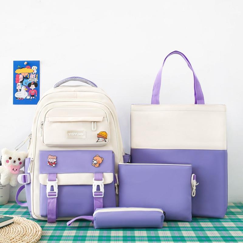 

Small, fresh and large-capacity junior high school schoolbag women s casual and durable backpack three-piece schoolbag фиолетовый