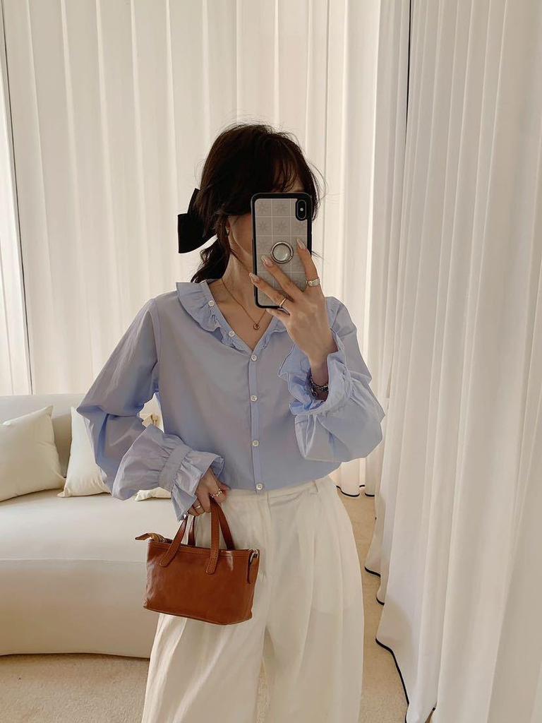 Korean Style Elegant Ruffle V-Neck Loose Long Sleeve Shirt for Women - New Spring Arrival