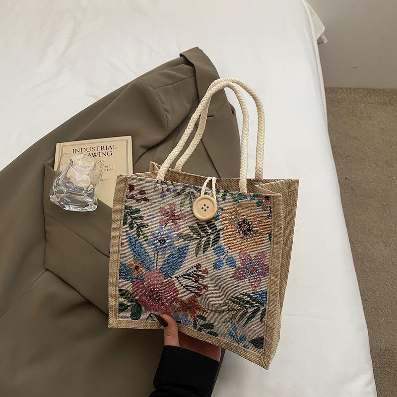 

Симпатичная переносная сумка для бенто с цветком из хлопка и льна, большая вместительная сумка-тоут, модная холщовая сумка для выхода