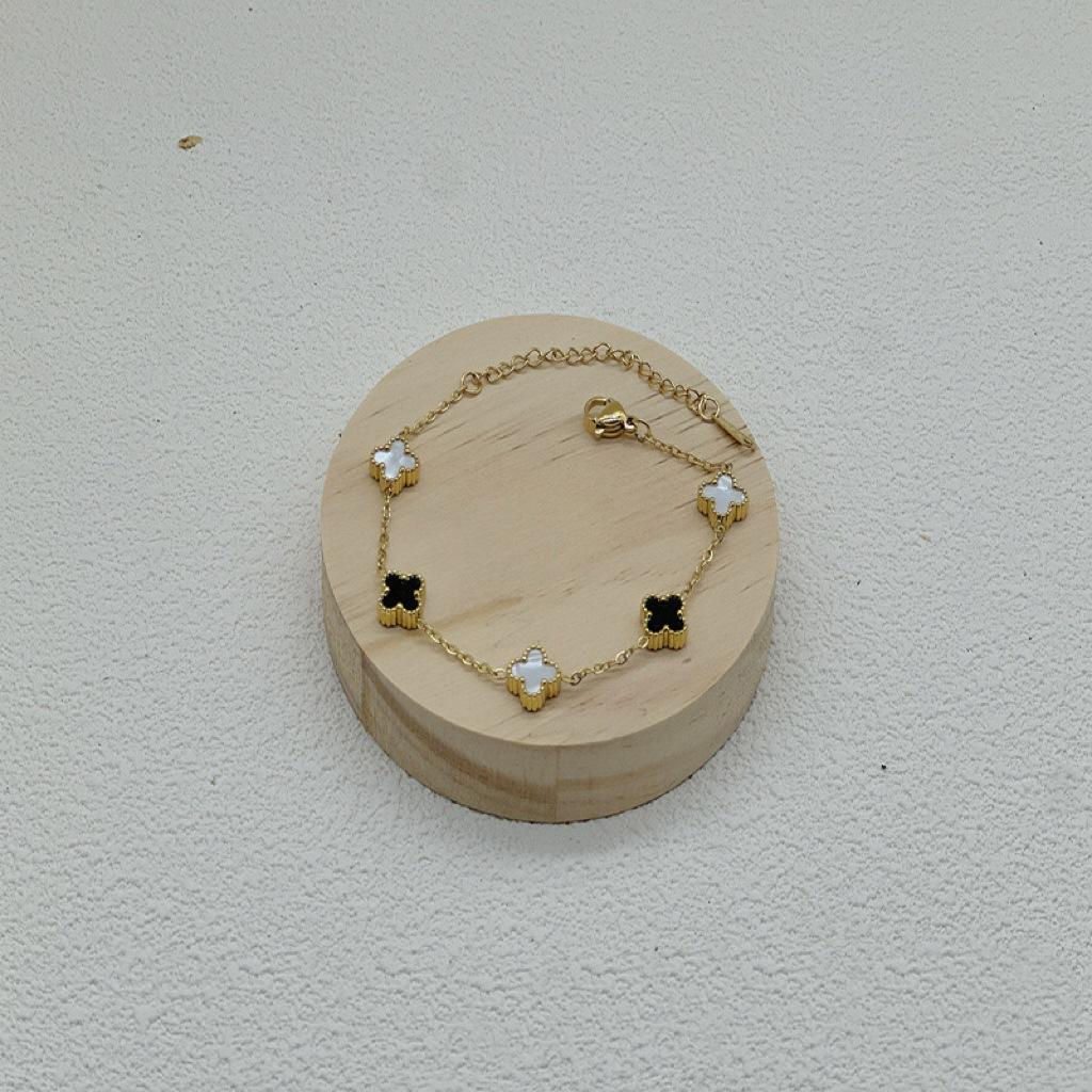 9Mm Double-Sided Shell Lucky Five Flowers Four-Leaf Clover Bracelet Light Luxury Ins Style Does Not Lose Colour Hand Titanium Steel Bracelet