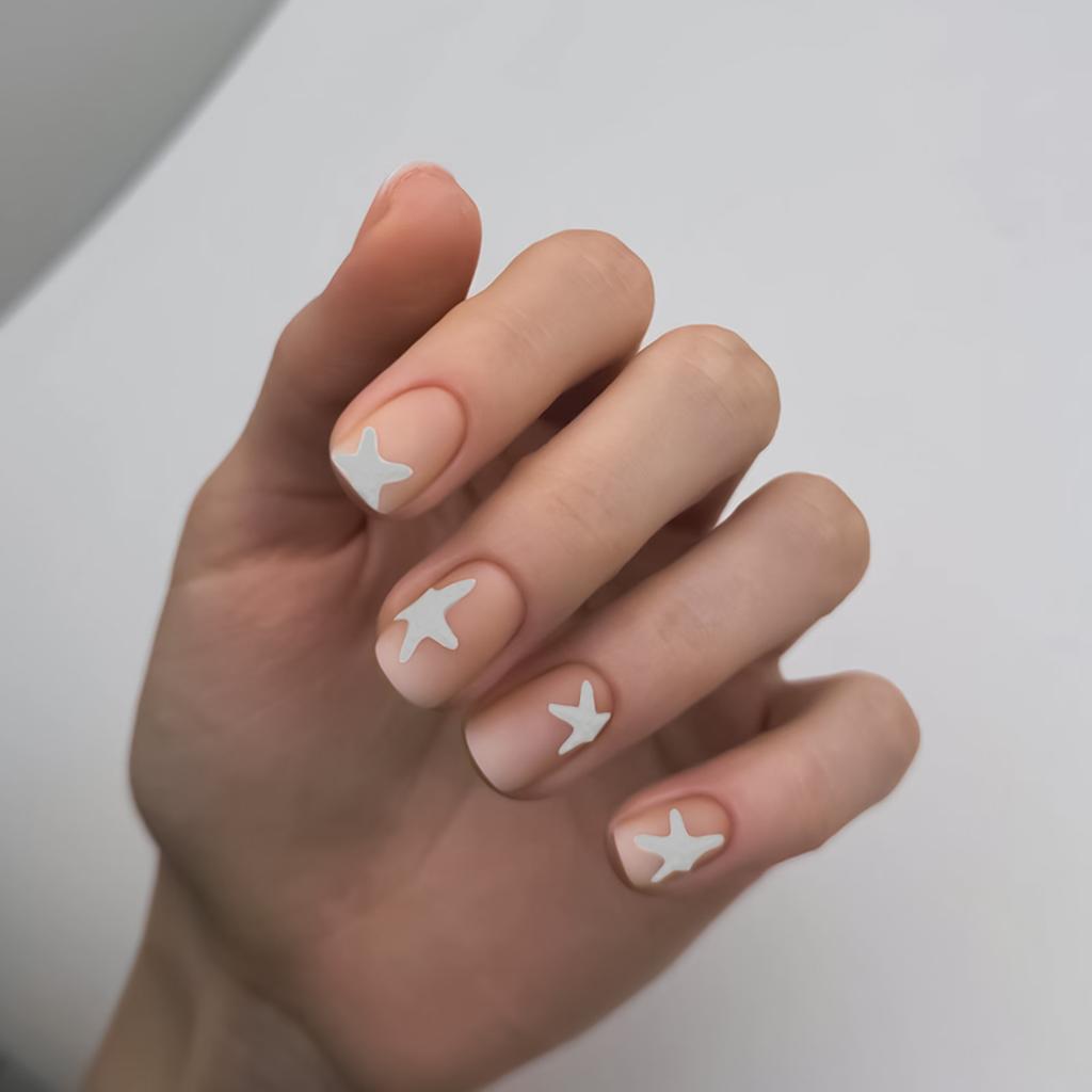 24pcs Matte Pink Fake Nails White Star Light Pink Short Square False Nails for Stage Performance Wear