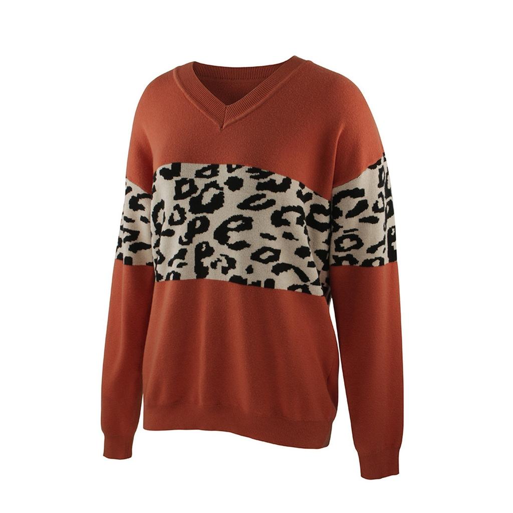 Winter V-collar Color Leopard Print Sweater Women Splicing Self-cultivation