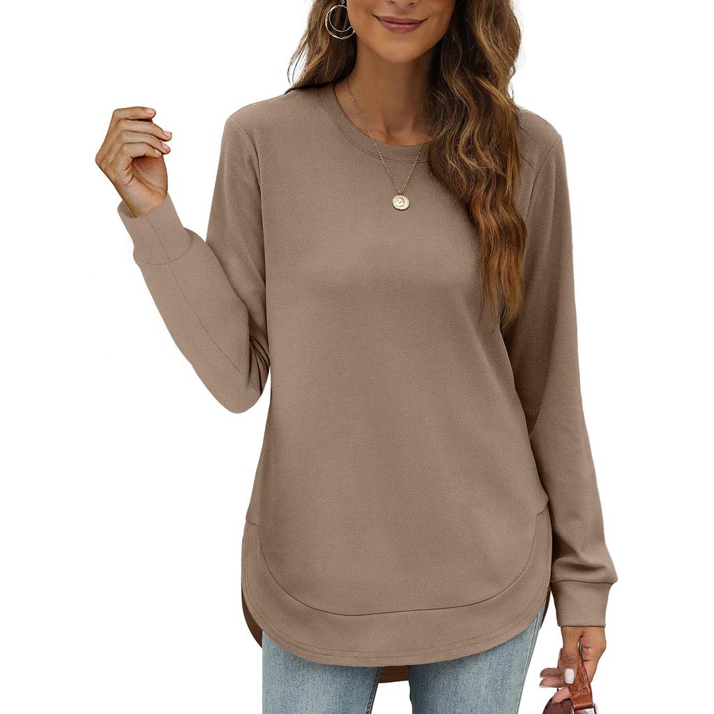 Women's Casual Fashion Round Neck Loose T-Shirt Solid Colour Long Sleeve Top