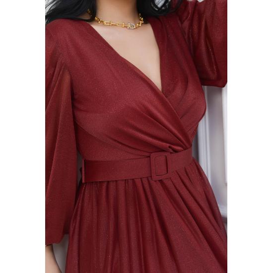 Zweireihiges Abendkleid mit Kragen, Gürtel und Ballonärmeln aus glitzerndem Tüll TE Settür Abendkleid