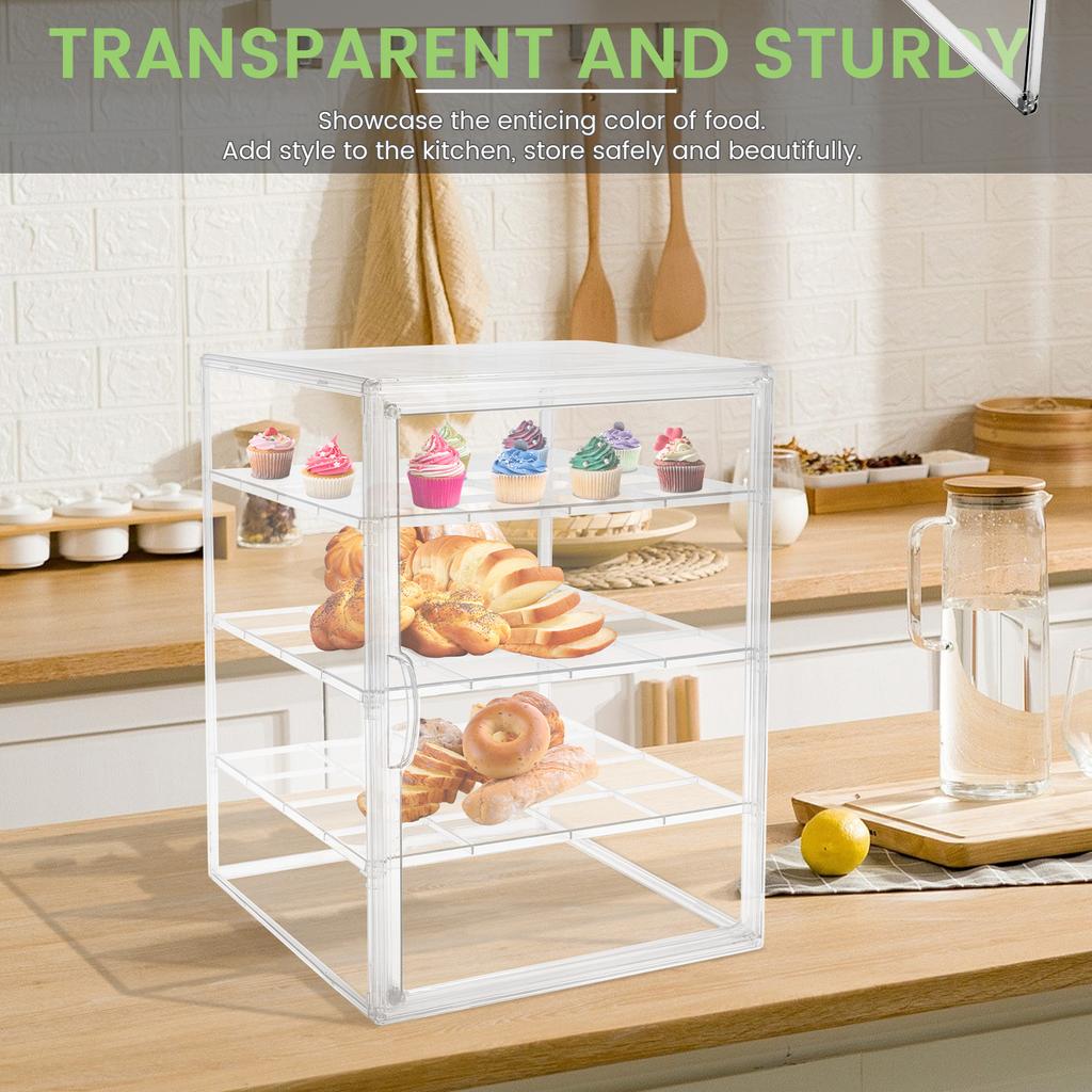 4 Tier Transparent Acrylic Bread Display Case Adjustable Detachable Bakery Cabinet for Different Size of Baked Goods