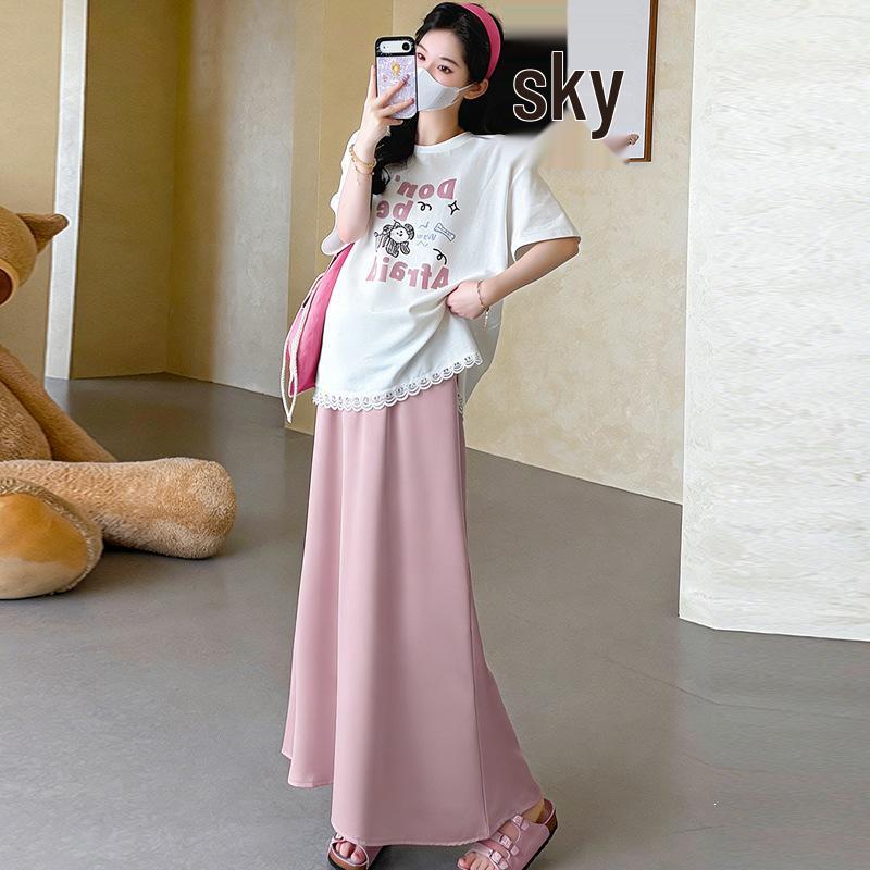 2026 Summer Maternity Set: Round Neck Sweet T-Shirt & Slimming Loose Skirt M
