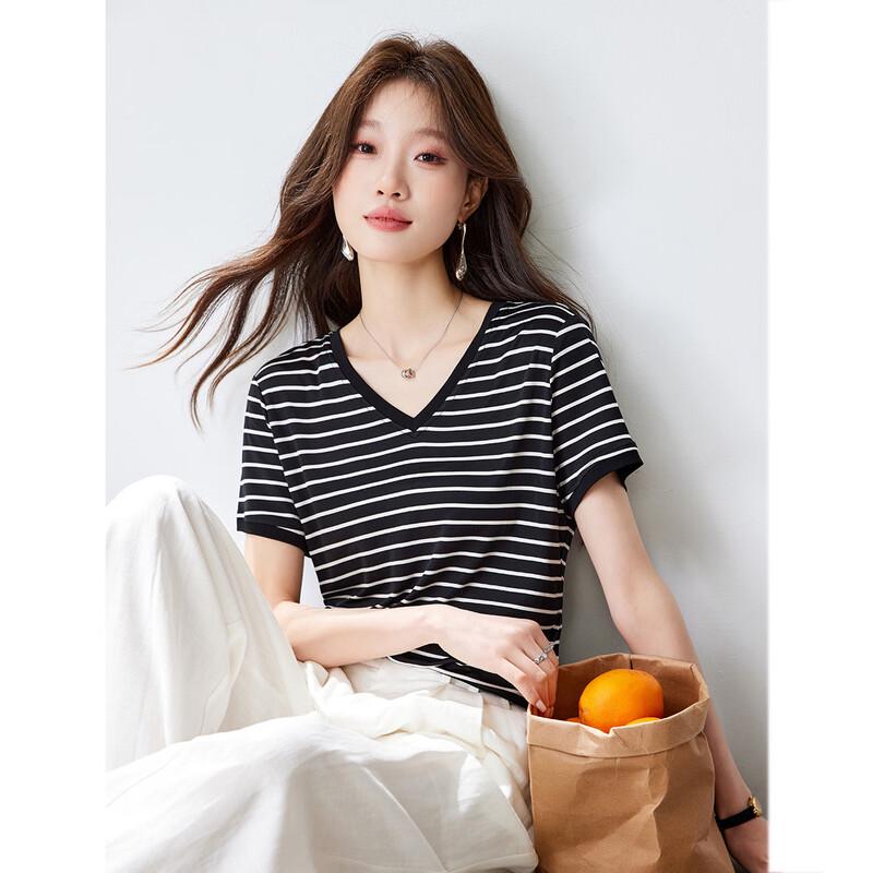 Srcr Women's 100% Mulberry Silk Striped V-neck Short Sleeve T-Shirt