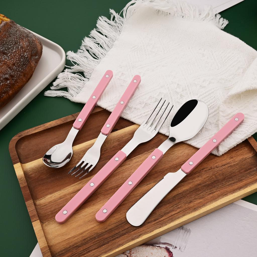 20 PCS Stainless Steel Flatware Set Service for 4, Retro Style  Tableware Forks Spoons Knives Eating Utensils, Acrylic Handle with Rivets Design