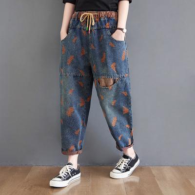 Lente en Herfst Dames Retro Jeans Plus Size Los Comfortabel Elastische Taille met Trekkoord Mode Casual Jeans