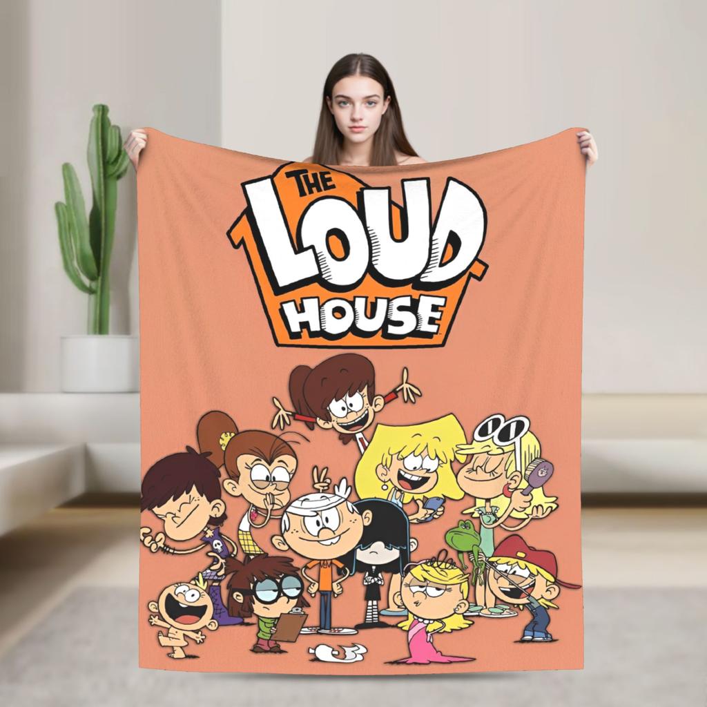 L-Loud Houses Familie Cartoon Plüsch Überwurf für Couch Sessel Sofa Bett Flugzeug Reise Flanell Tagesdecke Bettbezug