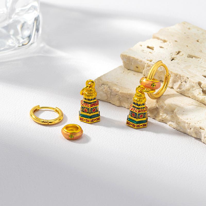 Original new Chinese retro one multi-wear enamel drop glaze earrings light luxury high sense fashion temperament medieval earrings