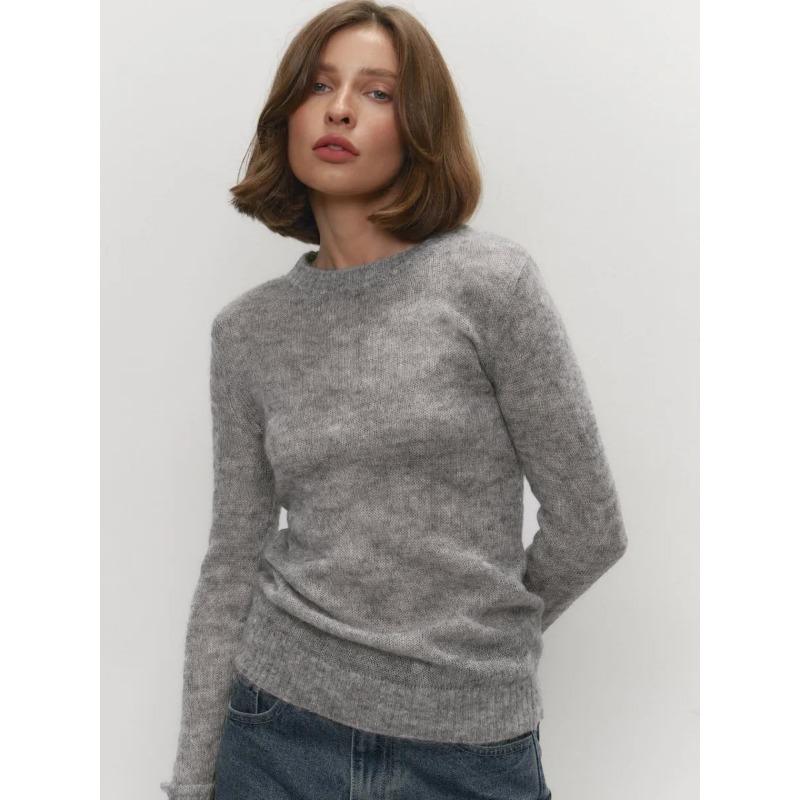 Spring and autumn translucent blue ladies exquisite sweater, loose casual breathable comfortable white round neck pullover sweater MY0182