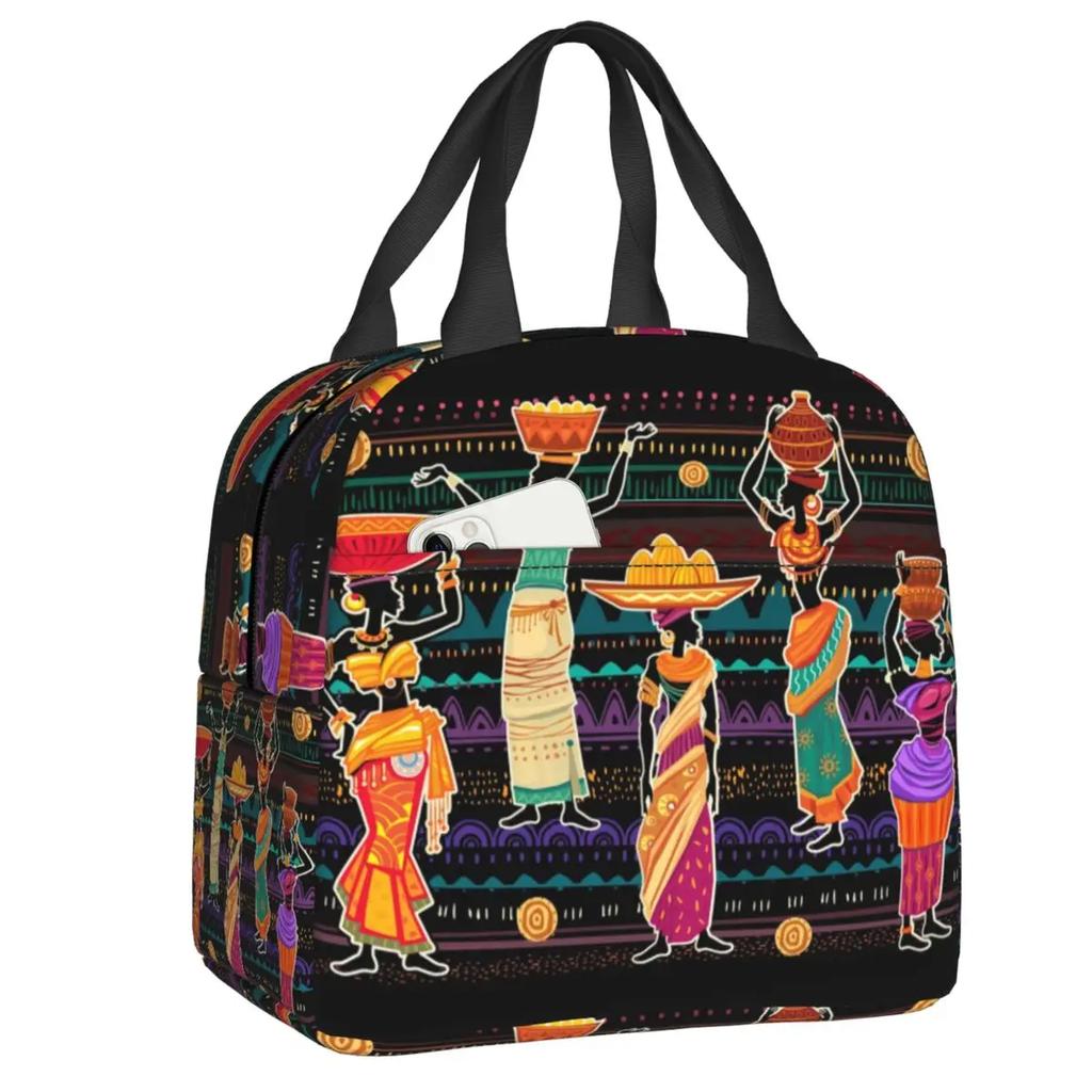 African Elements Pattern Insulated Lunch Tote Bag for Women Africa Ethnic Culture Cooler Thermal Bento Box Work School Travel