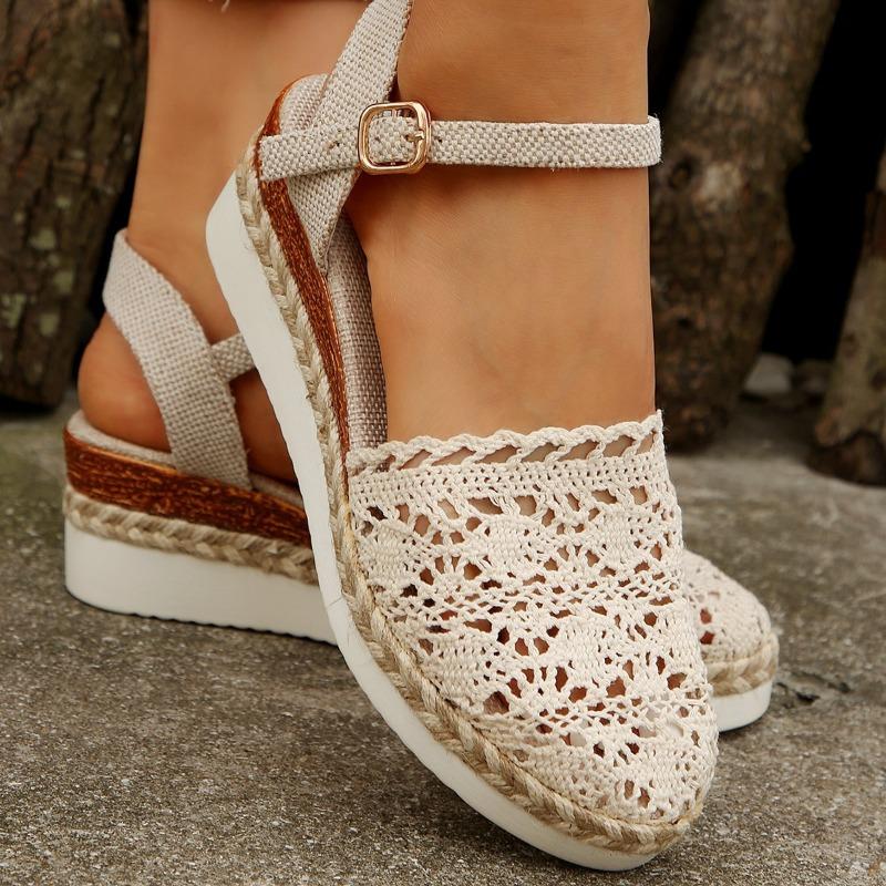 Large size wedge heel women's sandals summer new bag head woven hollow one-word buckle women's sandals