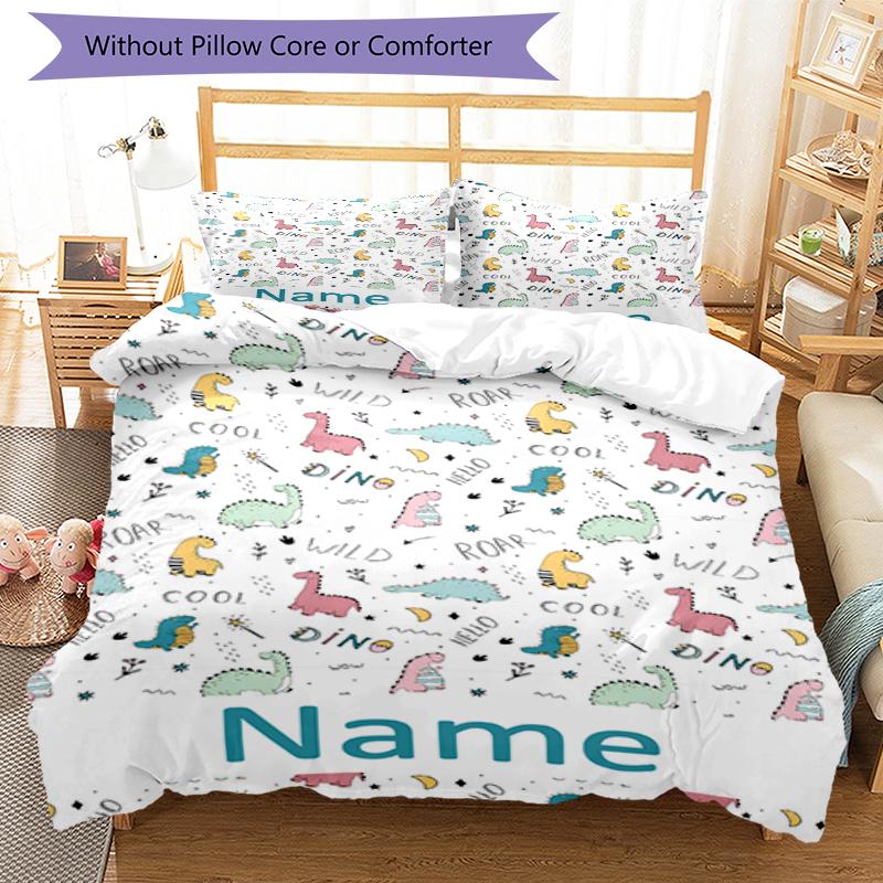 Set Biancheria da Letto con Dinosauri e Nome Personalizzato 3 Pezzi Copripiumino Chiusura Include 1 Copripiumino e 2 Federe, Morbido e Confortevole per Tutte le Stagioni.