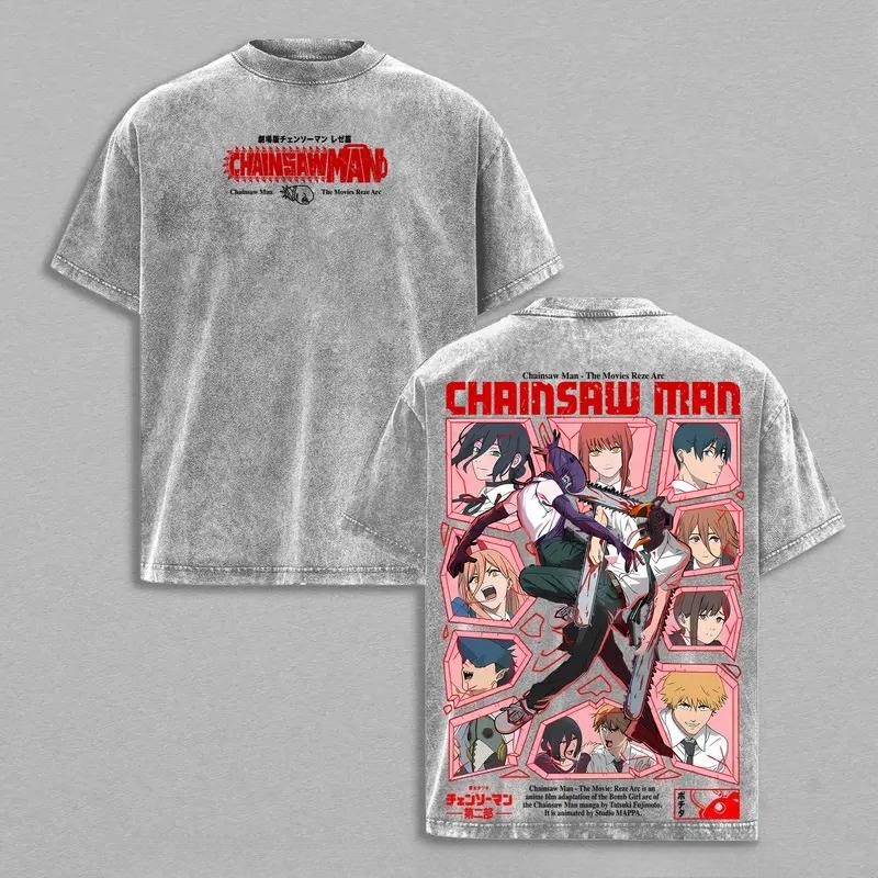 Anime Chainsaw Man Reze Denji Makima Graphic T Shirt Men Women Washed Cotton Tshirts Vintage Casual Clothing Harajuku T-shirt