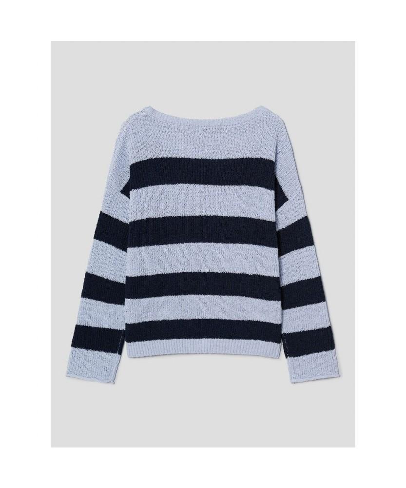 8SECONDS Loose Fit Striped Boat Neck Pullover Blue