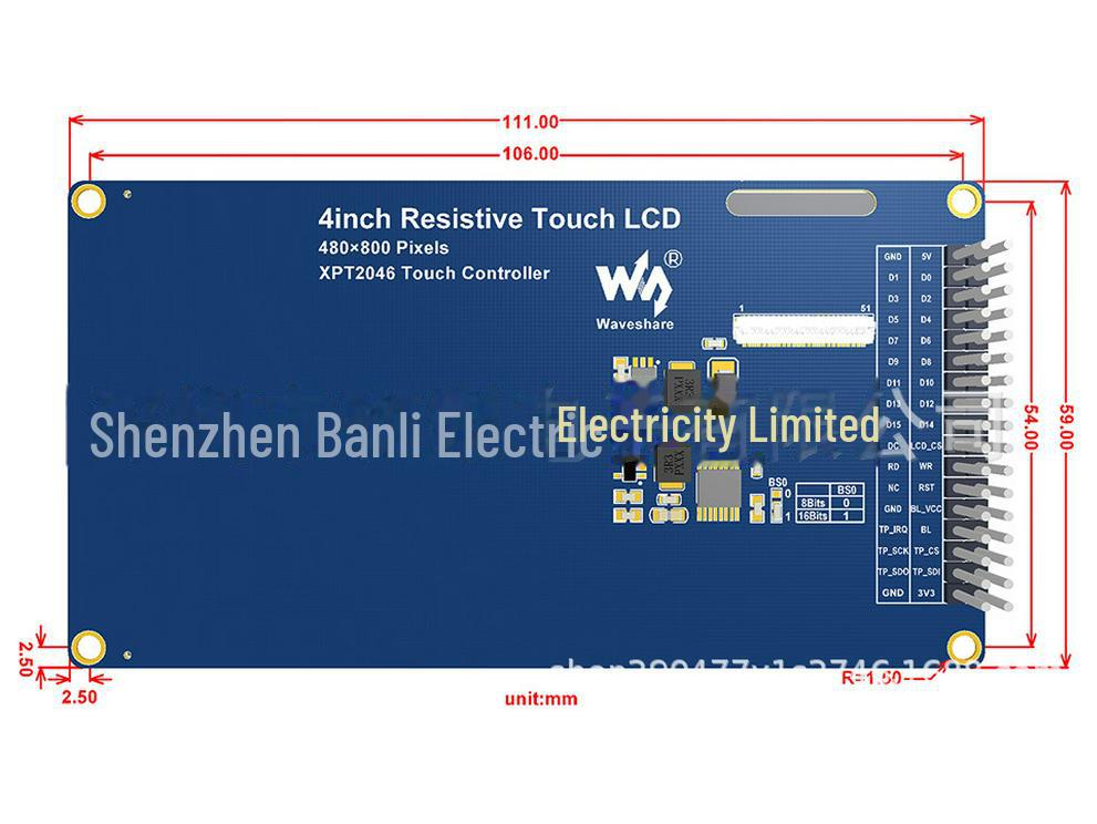 4-inch Color IPS Display, Resistive Touch, 480x800 Resolution, 8080 Parallel Communication