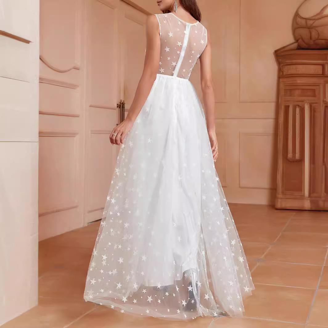 

Mesh explosive dress long dress sexy sleeveless wedding banquet dress long dress XL білий