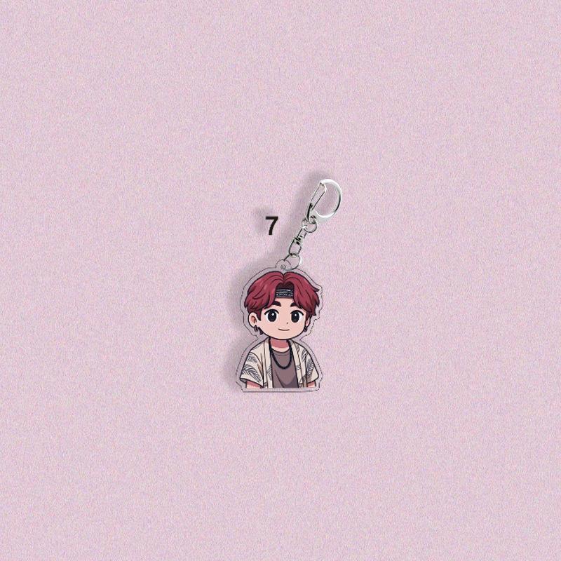 BTS Summer Casual Style Cartoon Keychain, Bangtan Boys Cartoon Figure Keyring, Kpop ARMY Fans Bag Charm(Jin RM Suga Jimin V J-Hope Jungkook)