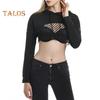 Women Hoodir Hollow Out Mesh Patchwor Hooded Long Sleeves Drawstring Waist Exposure Solid Color Streetwear Club Party Cropped Top
