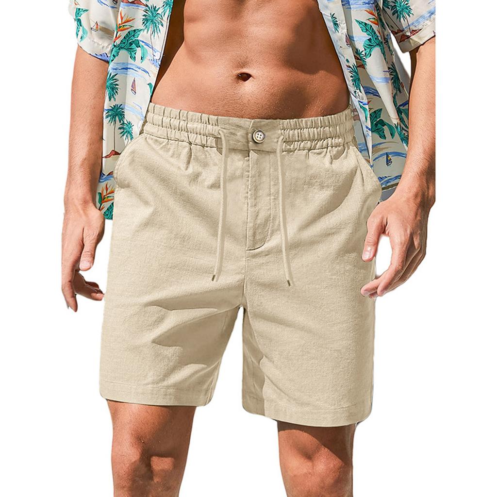 Mens Casual Linen Shorts Elastic Waist Drawstring Summer Beach Vacation Short
