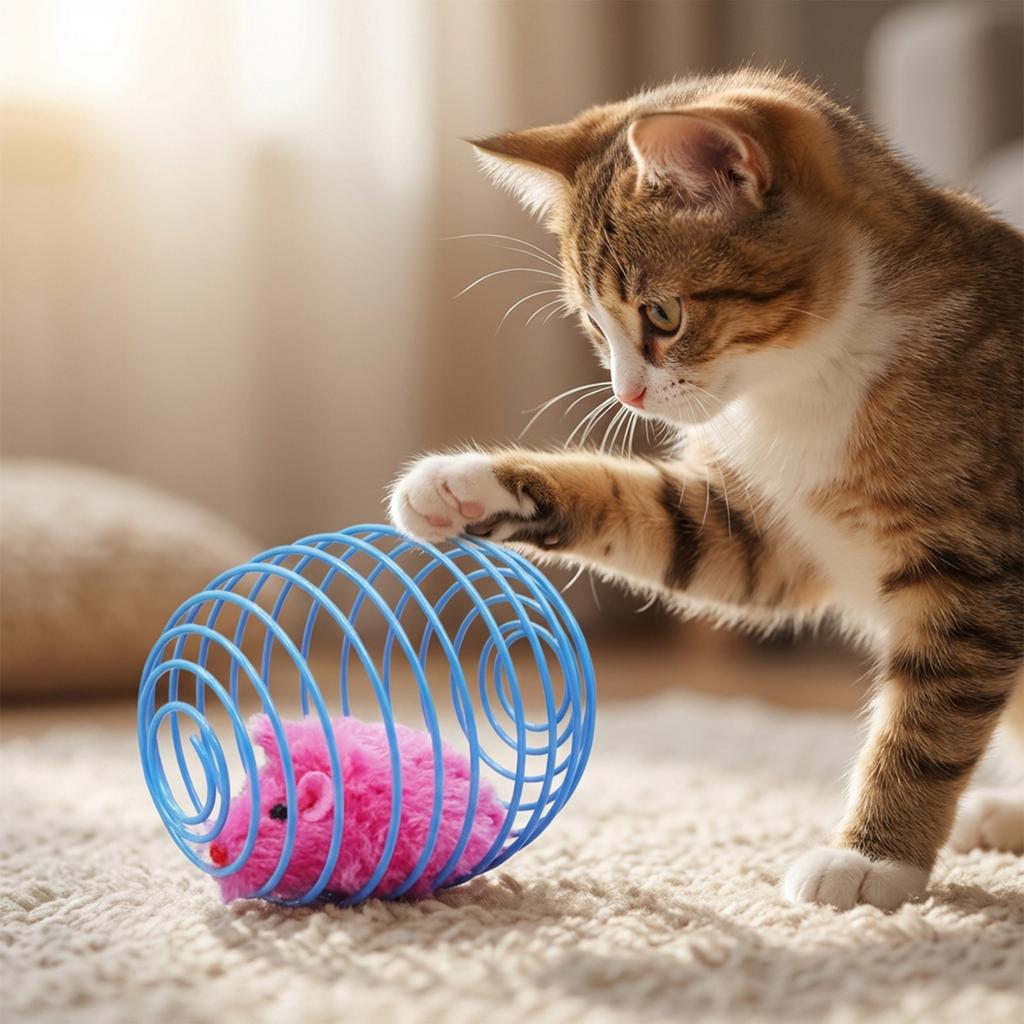 Interaktives Katzenspielzeug, Federkäfig mit Plüschmaus, Selbstspielzeug für Wohnungskatzen, Zufällige Farbe