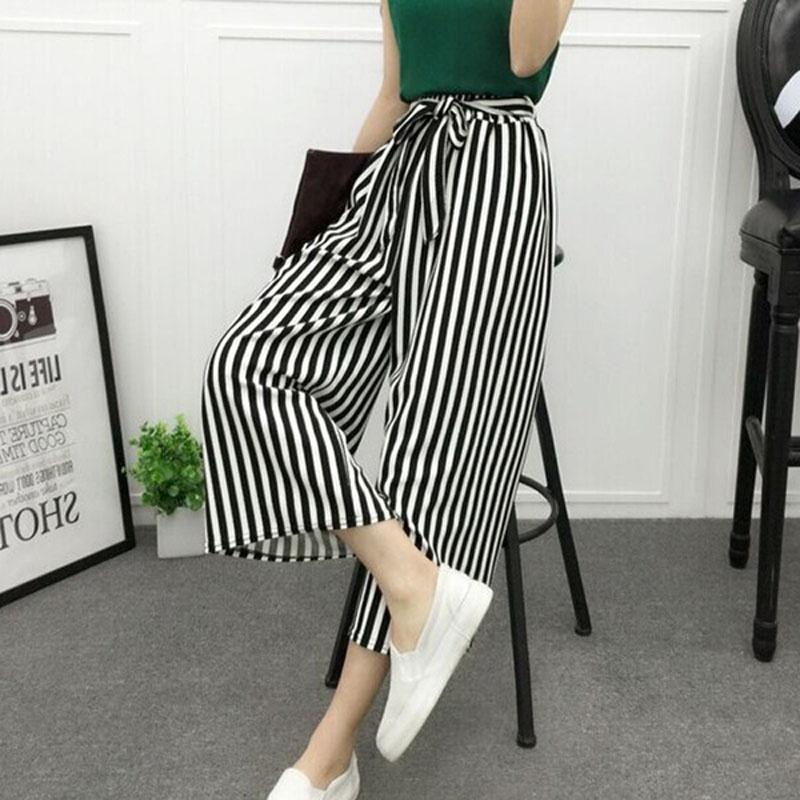 Women High Waist Elastic Striped Culotte Pants With Elegant Wide Leg Flare Design For Casual Wear