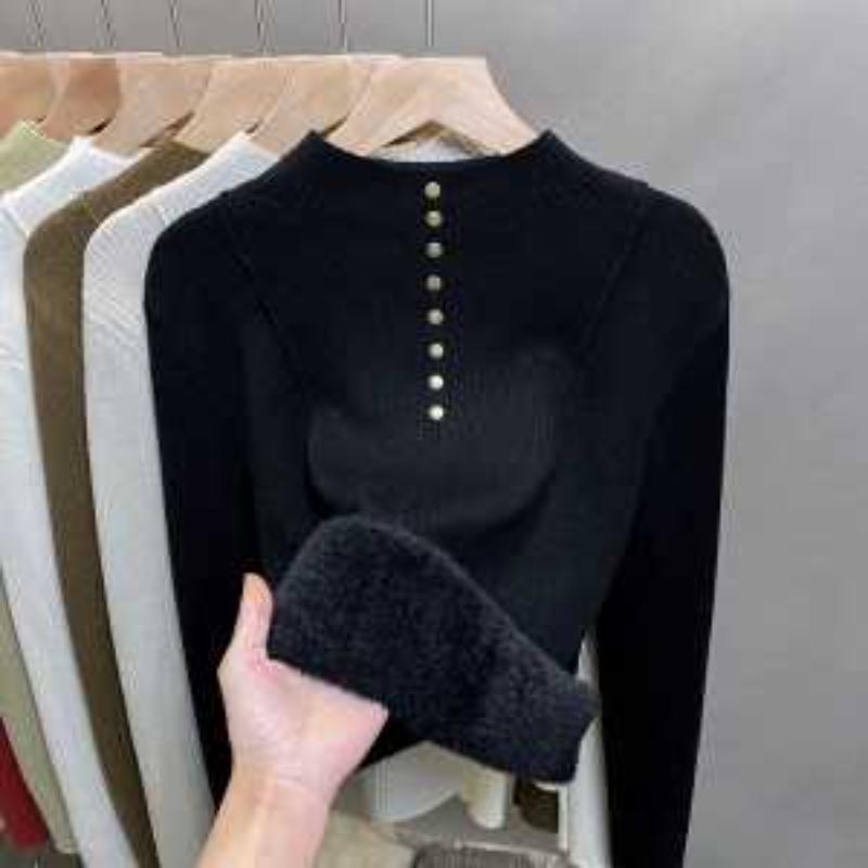 Half Turtleneck Sweater for Women Velvet Bottoming  Autumn Winter New Knitted Trendy Top