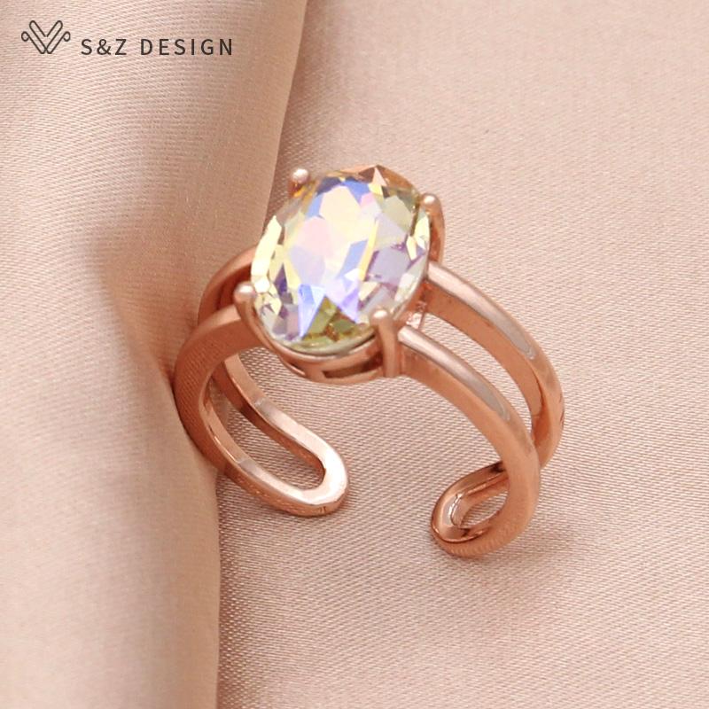 Fashion Egg Shape Oval Crystal Adjustable Rings For Women Wedding Elegant Rose Gold Color Jewelry Fine Gift