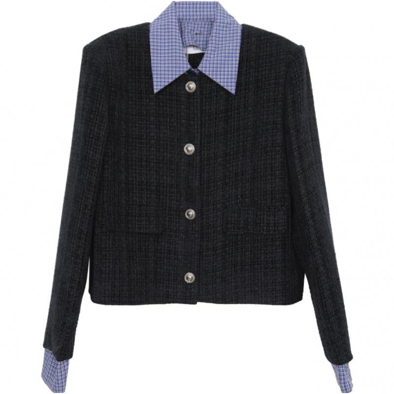 

Autumn Korean Style Slimming Knitted Two-Piece Look Turn-Down Collar Short Jacket for Women S
