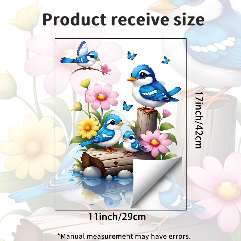 Watercolor Bluebird Flower Static Cling Window Sticker No Residue for Living Room French Window Decor