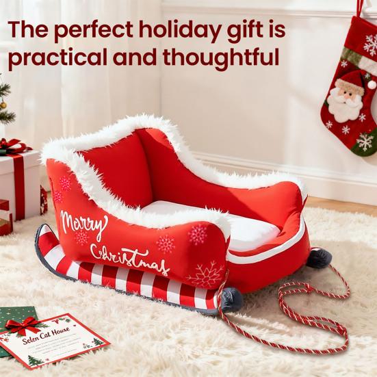 Weihnachtsschlitten Haustierbett Lustiges Flauschiges Weihnachtsmannschlitten Hundebett Abnehmbares Plüsch-Haustiersofa-Bett mit Rutschfester Unterseite für Katzen Hunde Feiertagsdeko