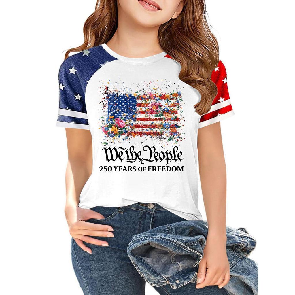 Kids Independence Day Graphic T Shirt Short Sleeve Casual Tee USA Patriotic Print Crew Neck Top for Boys Girls