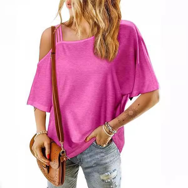 Women's Clothing European and American Cross-Border Summer New Loose Casual One-Shoulder Off-The-Shoulder Loose Short-Sleeved Women's T-Shirt