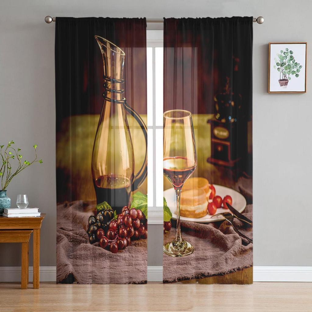 Red Wine Wine Bottle Wine Glass Sheer Tulle Window Curtains For Living Room Bedroom Kitchen Veiling Curtain Home Decoration