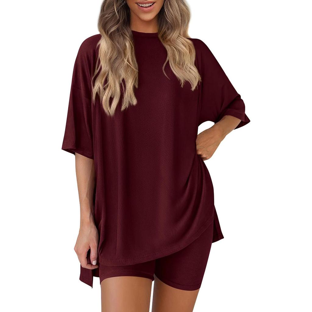 Women's Loose Fashion Solid Color Split Round Neck Short Sleeve Top Small Pocket Shorts Two Piece Set