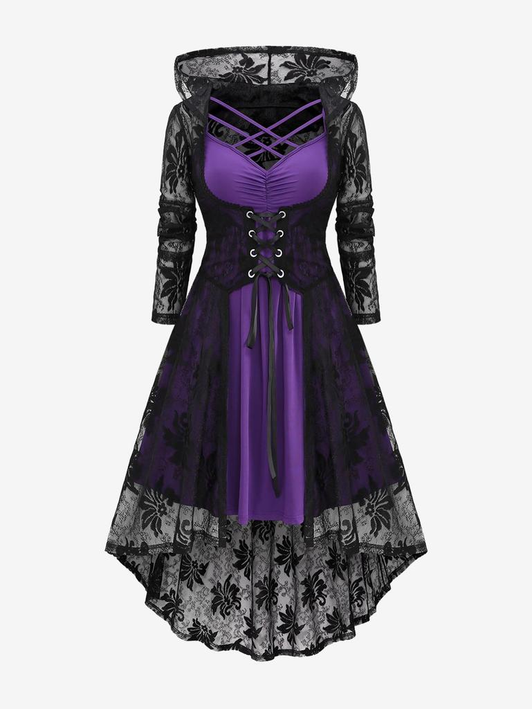 Rosegal Übergröße, gekreuztes, gerüschtes Camisole-Kleid und geschnürter Überwurf mit floraler Spitze und Kapuze