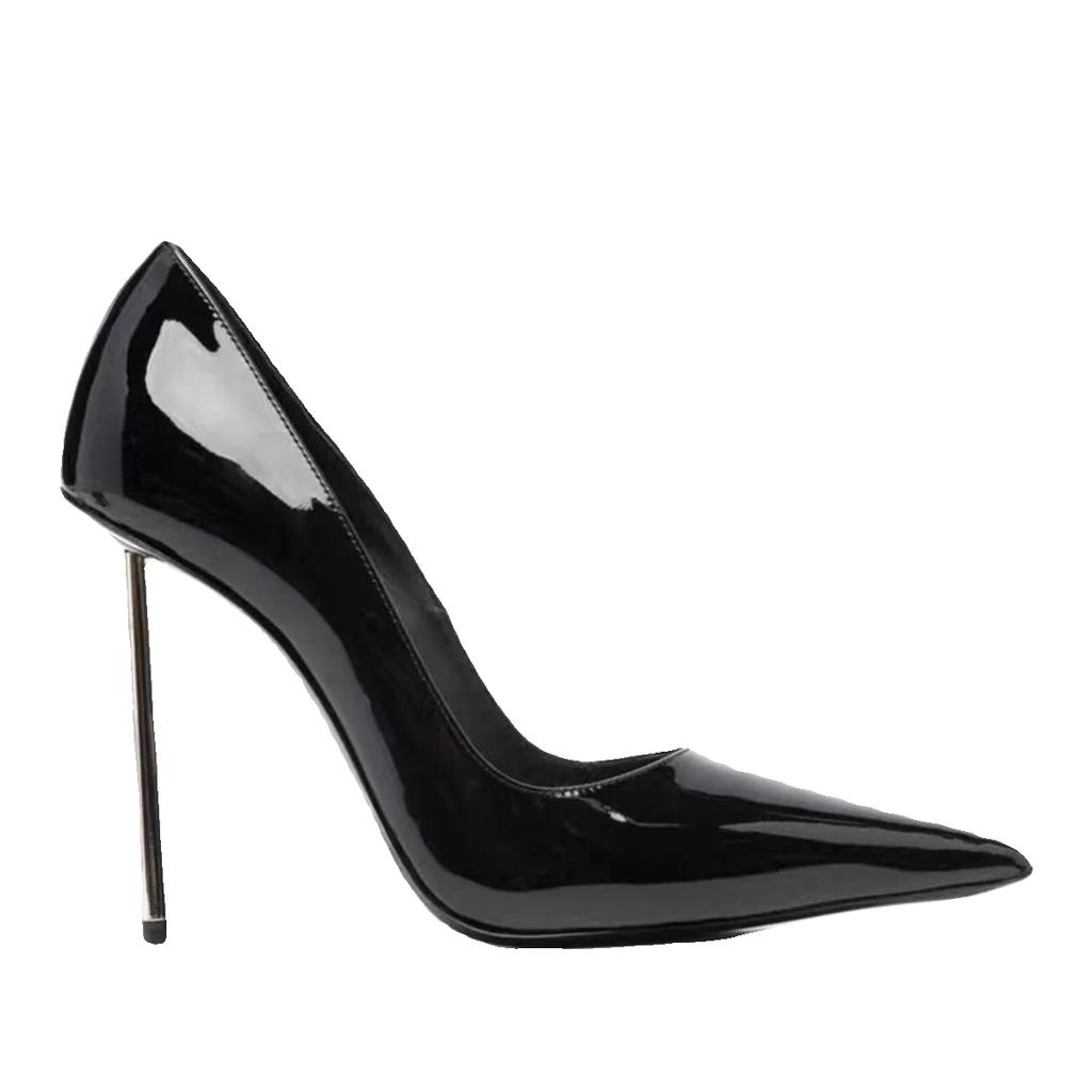 Fashion 2024 New High Heels Women's Black Patent Leather Gold Stiletto Ladies Shoes Shallow Mouth Pointed Petite Shoes  mary jane shoes