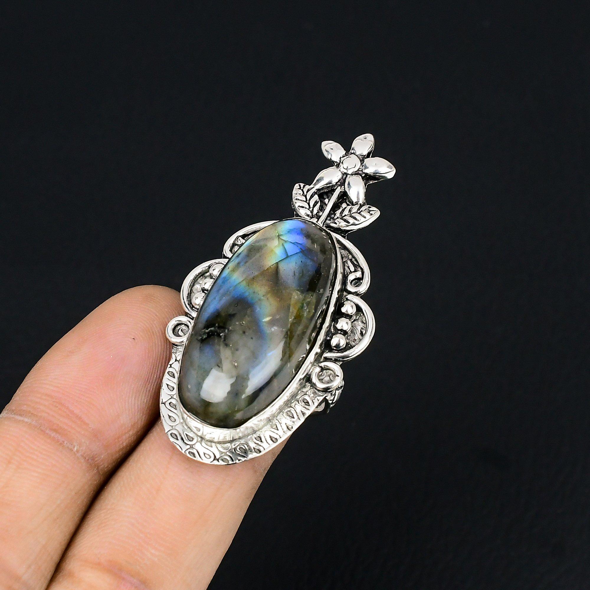 Sterling Silver Oval Natural Labradorite New Multi Stone Flower Mother Ring US 6 6