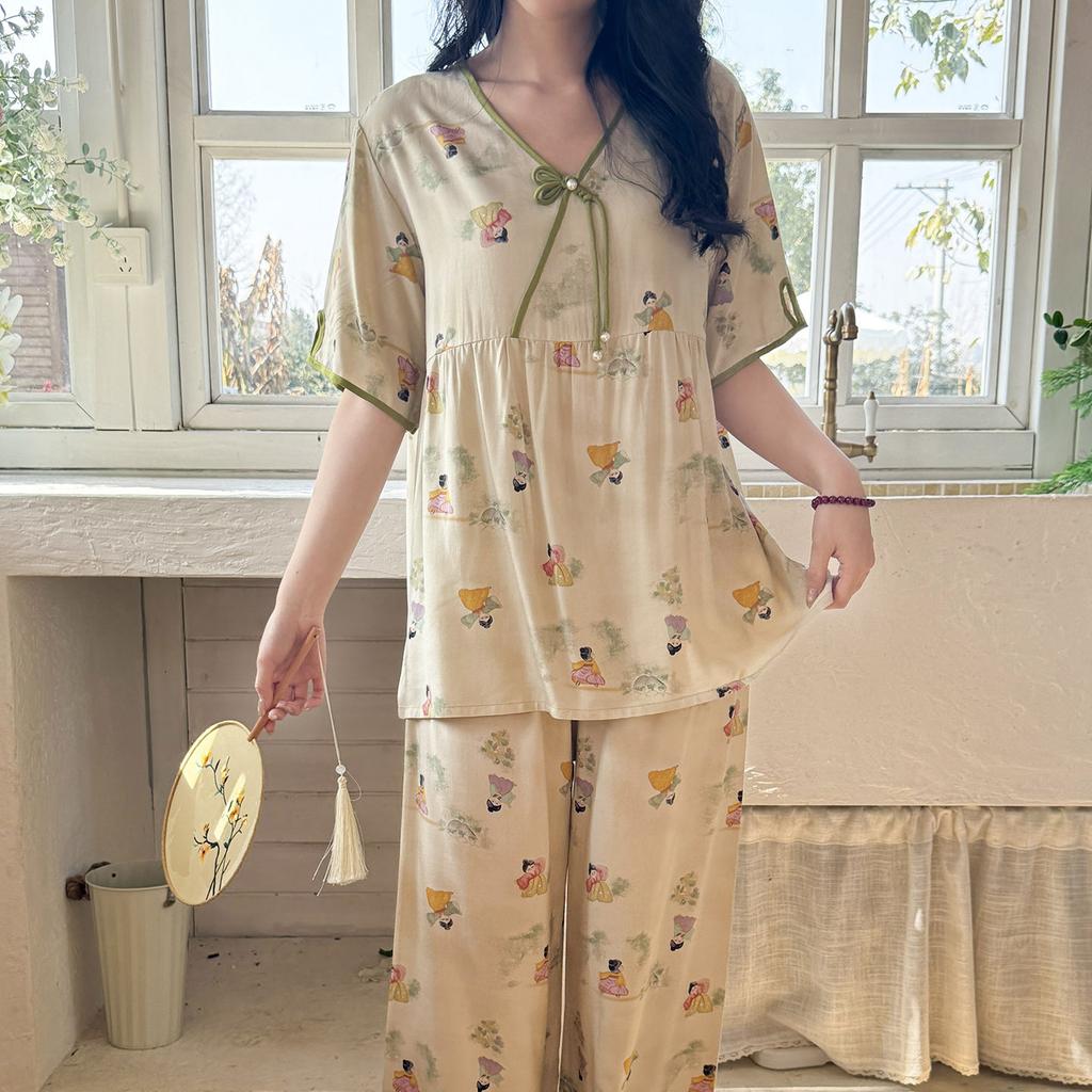 Miansilk family pajamas new national style suit loungewear fashionable new Chinese short-sleeved trousers suit thin can be worn outside