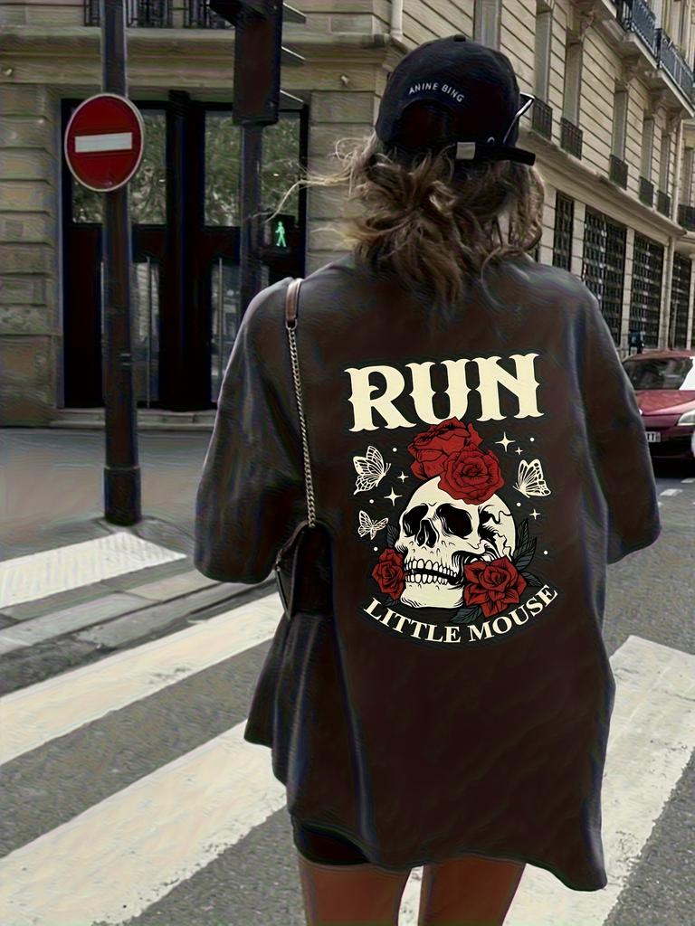 Run Little Mouse Skull & Roses Women's Tee - Edgy Gothic Graphic, Casual Punk Top