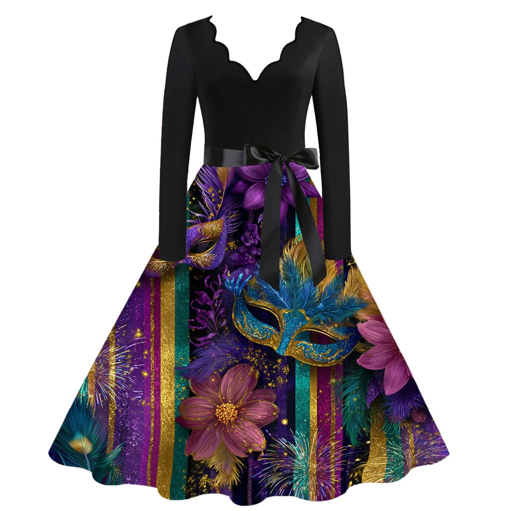Women's Casual Fashion V Neck Carnival Printed Vintage Dress