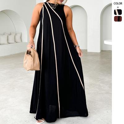 Women's Fashion Solid Color Splicing Striped Simple Sleeveless Loose Dress Women