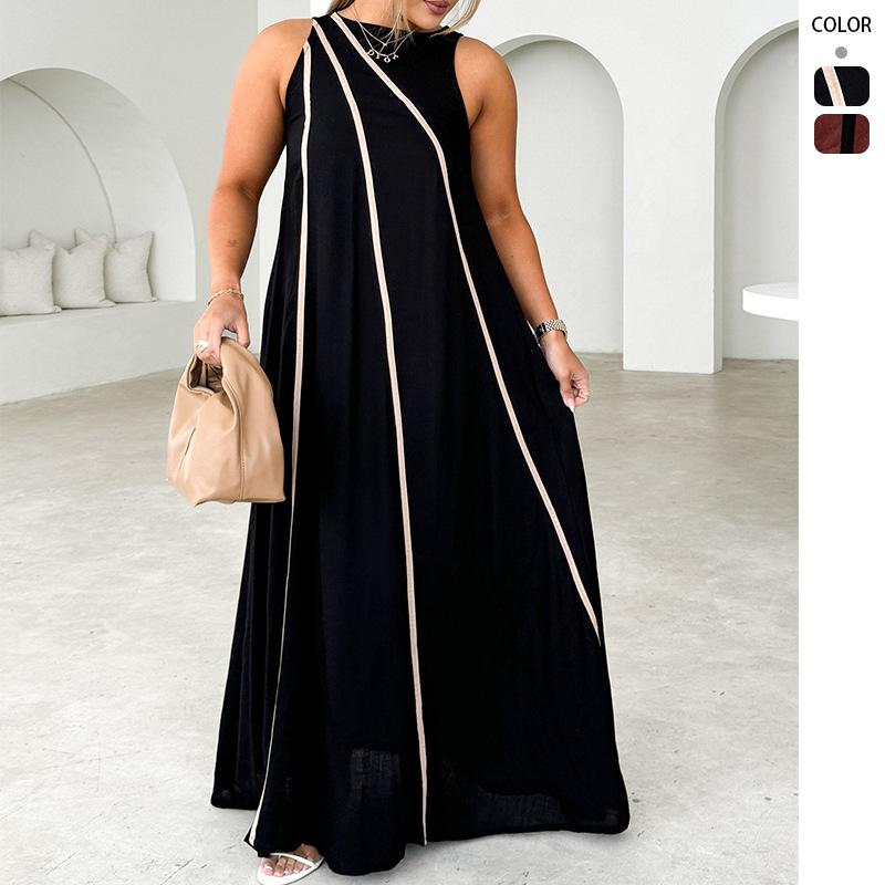 Women's fashion solid color splicing striped simple sleeveless loose dress women